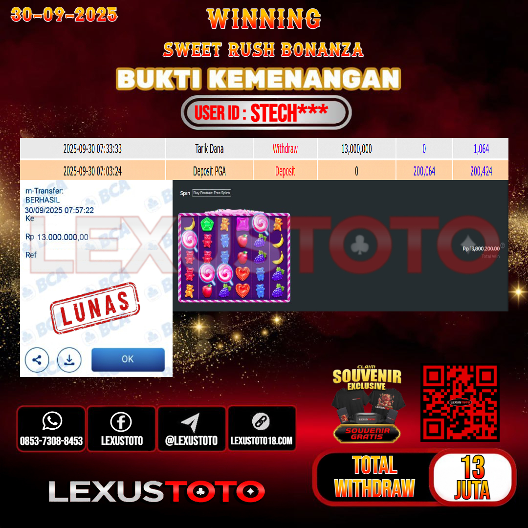 LEXUSTOTO JACKPOT SLOT SWEET RUSH BONANZA Rp.13.000.000,- LUNAS USER ID : STECH***