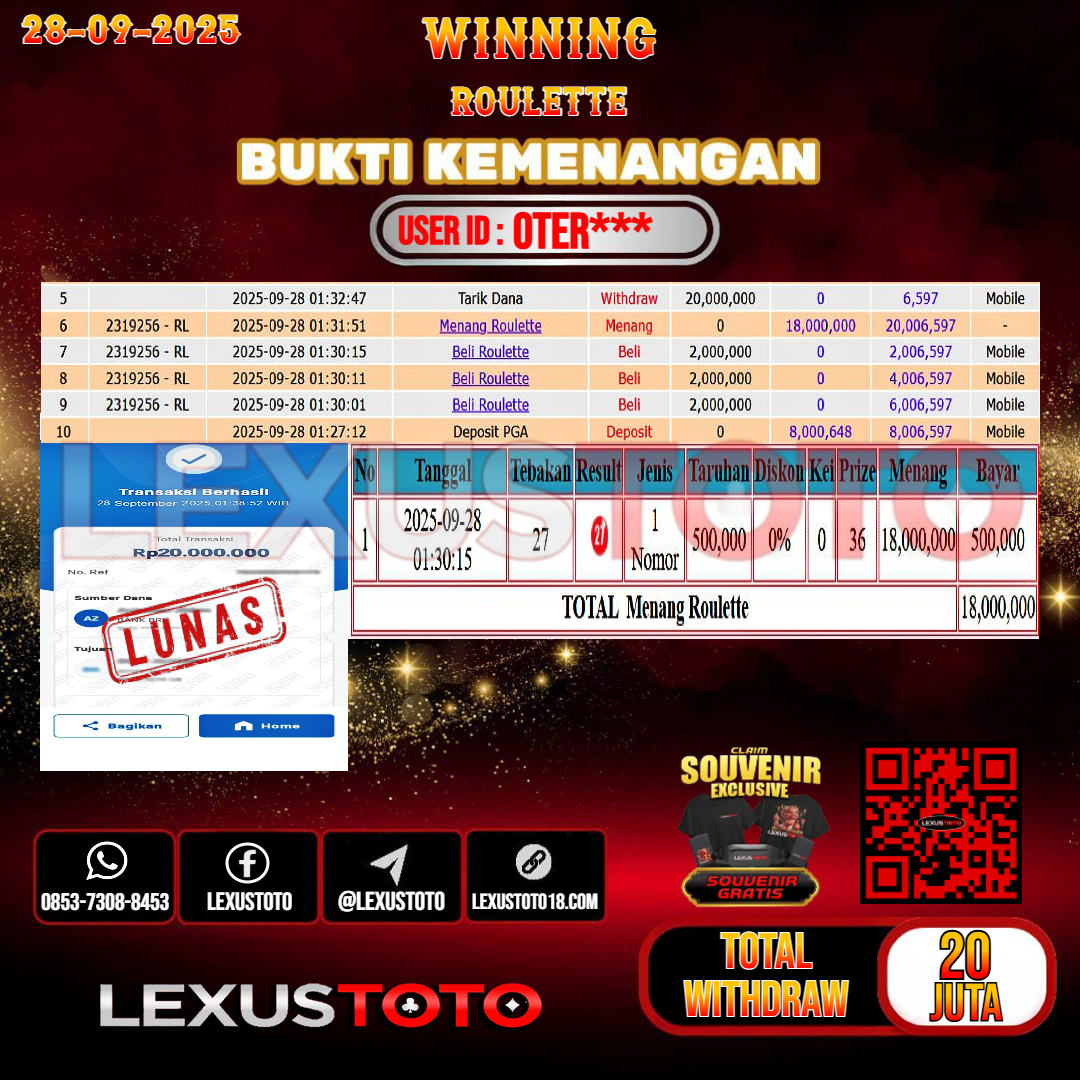 LEXUSTOTO JACKPOT LIVE GAMES ROULETTE Rp.20.000.000,- LUNAS USER ID : OTER***