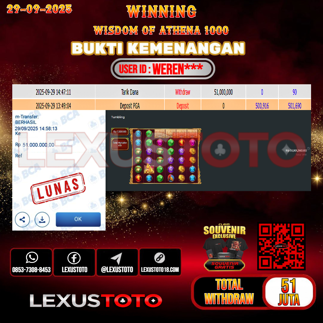 LEXUSTOTO JACKPOT SLOT WISDOM OF ATHENA 1000 Rp.51.000.000,- LUNAS USER ID : WEREN***