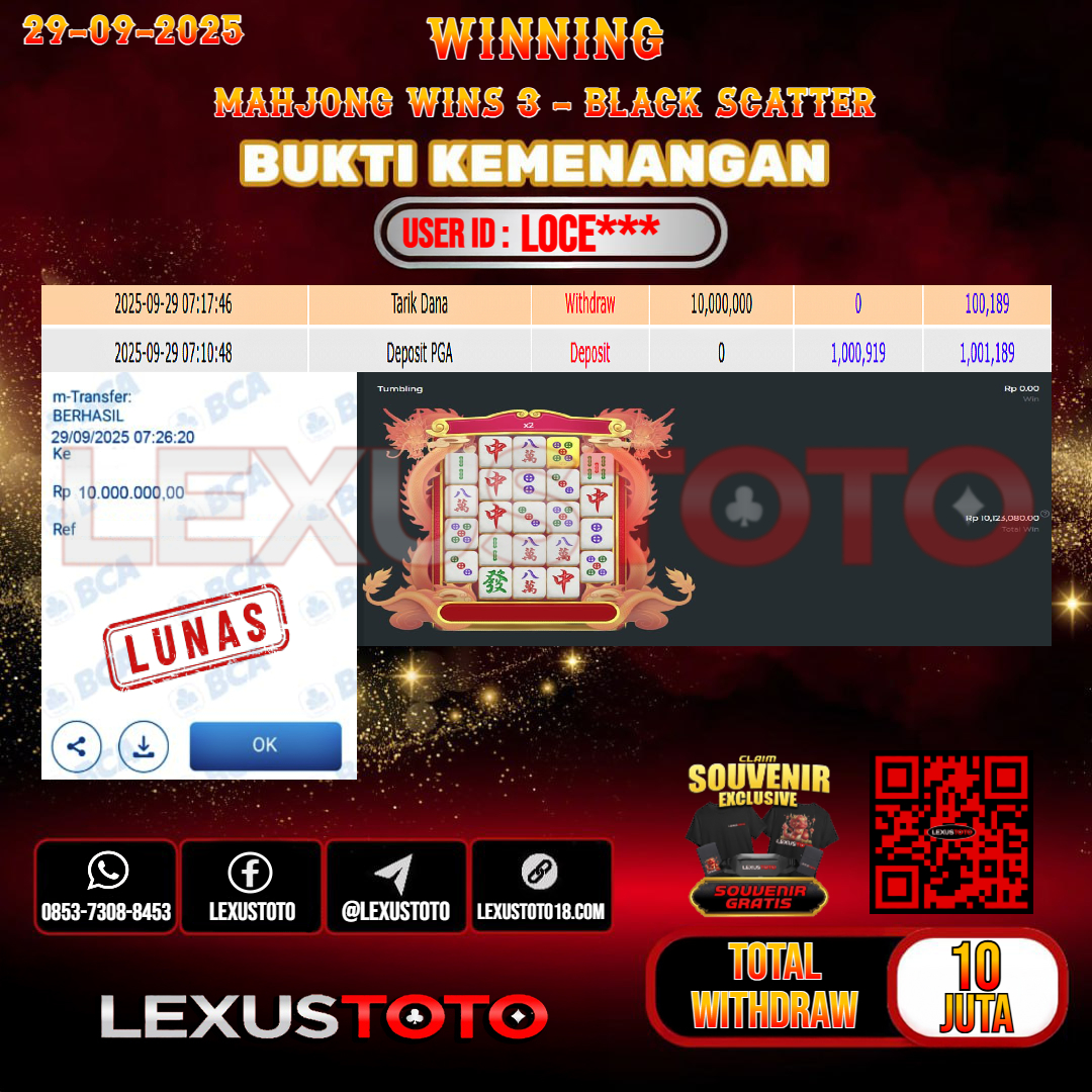 LEXUSTOTO JACKPOT SLOT MAHJONG WINS 3 - BLACK SCATTER Rp.10.000.000,- LUNAS USER ID : LOCE***