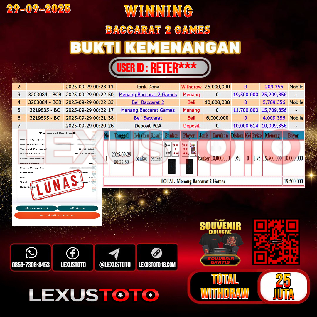 LEXUSTOTO JACKPOT LIVE GAMES BACCARAT 2 Rp.25.000.000,- LUNAS USER ID : RETER***