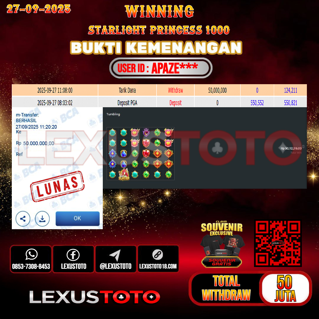 LEXUSTOTO JACKPOT SLOT STARLIGHT PRINCESS 1000 Rp.50.000.000,- LUNAS USER ID : APAZE***