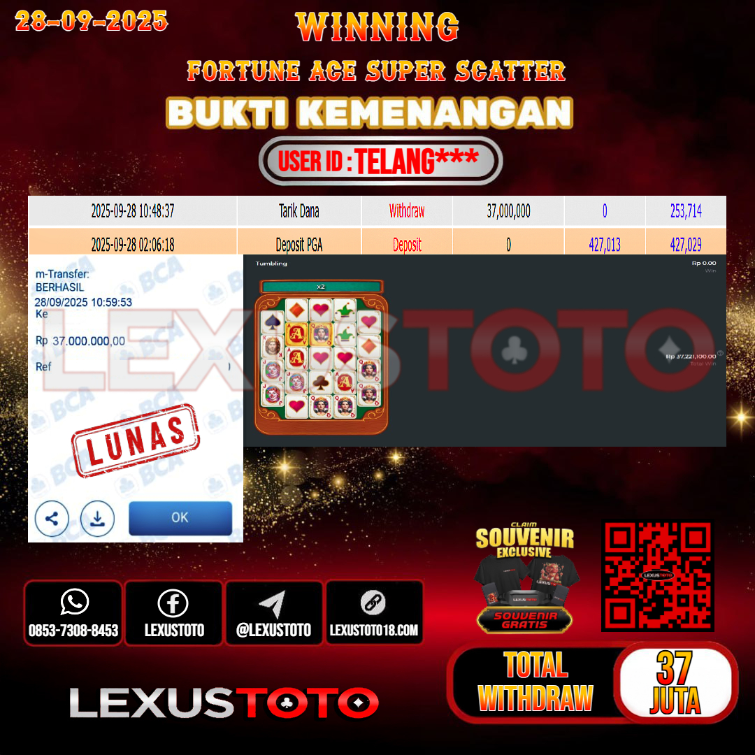 LEXUSTOTO JACKPOT SLOT FORTUNE ACE SUPER SCATTER Rp.37.000.000,- LUNAS USER ID : TELANG***