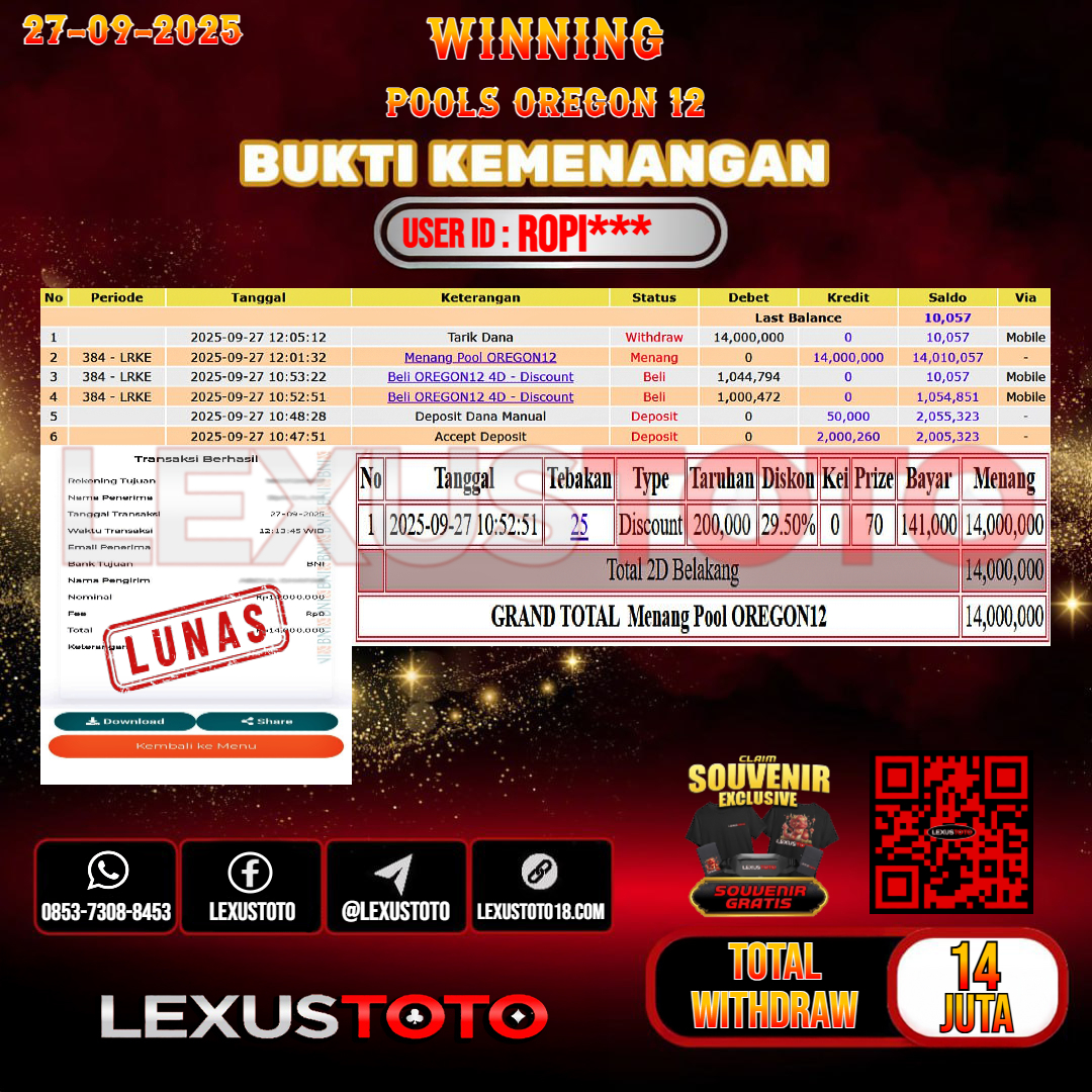 LEXUSTOTO JACKPOT TOGEL OREGON 12 Rp.14.000.000,- LUNAS USER ID : ROPI***
