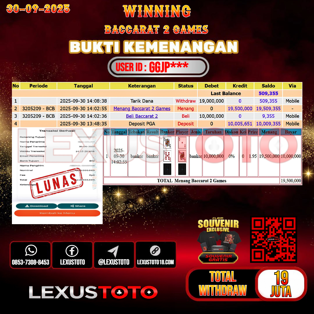 LEXUSTOTO JACKPOT LIVE GAMES BACCARAT 2 Rp.19.000.000,- LUNAS USER ID : GGJP***
