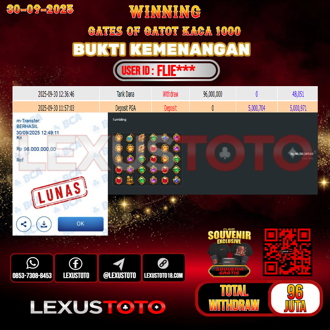 LEXUSTOTO JACKPOT SLOT GATES OF GATOT KACA 1000 Rp.96.000.000,- LUNAS USER ID : FLIE***