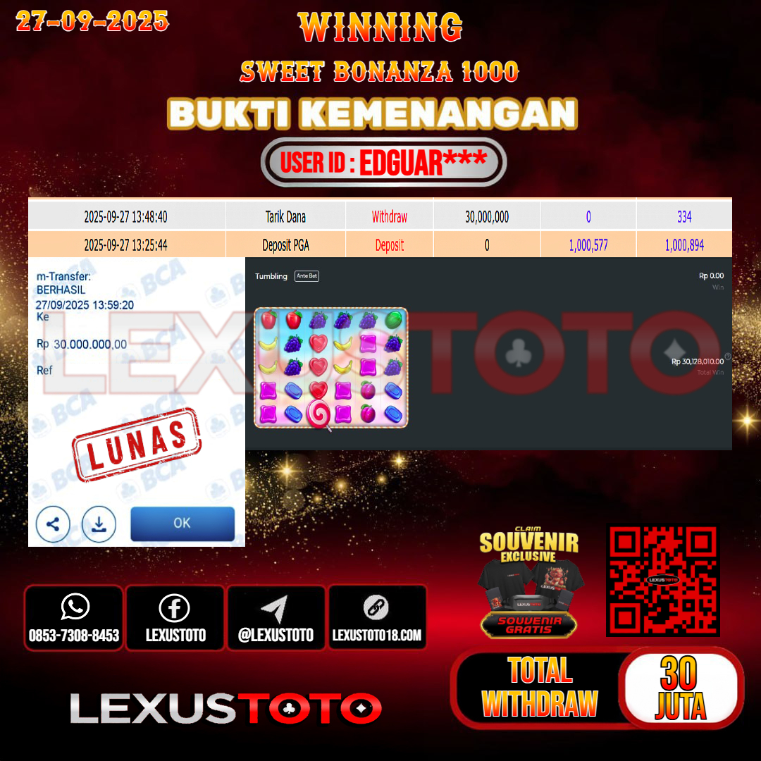LEXUSTOTO JACKPOT SLOT SWEET BONANZA 1000 Rp.30.000.000,- LUNAS USER ID : EDGUAR***