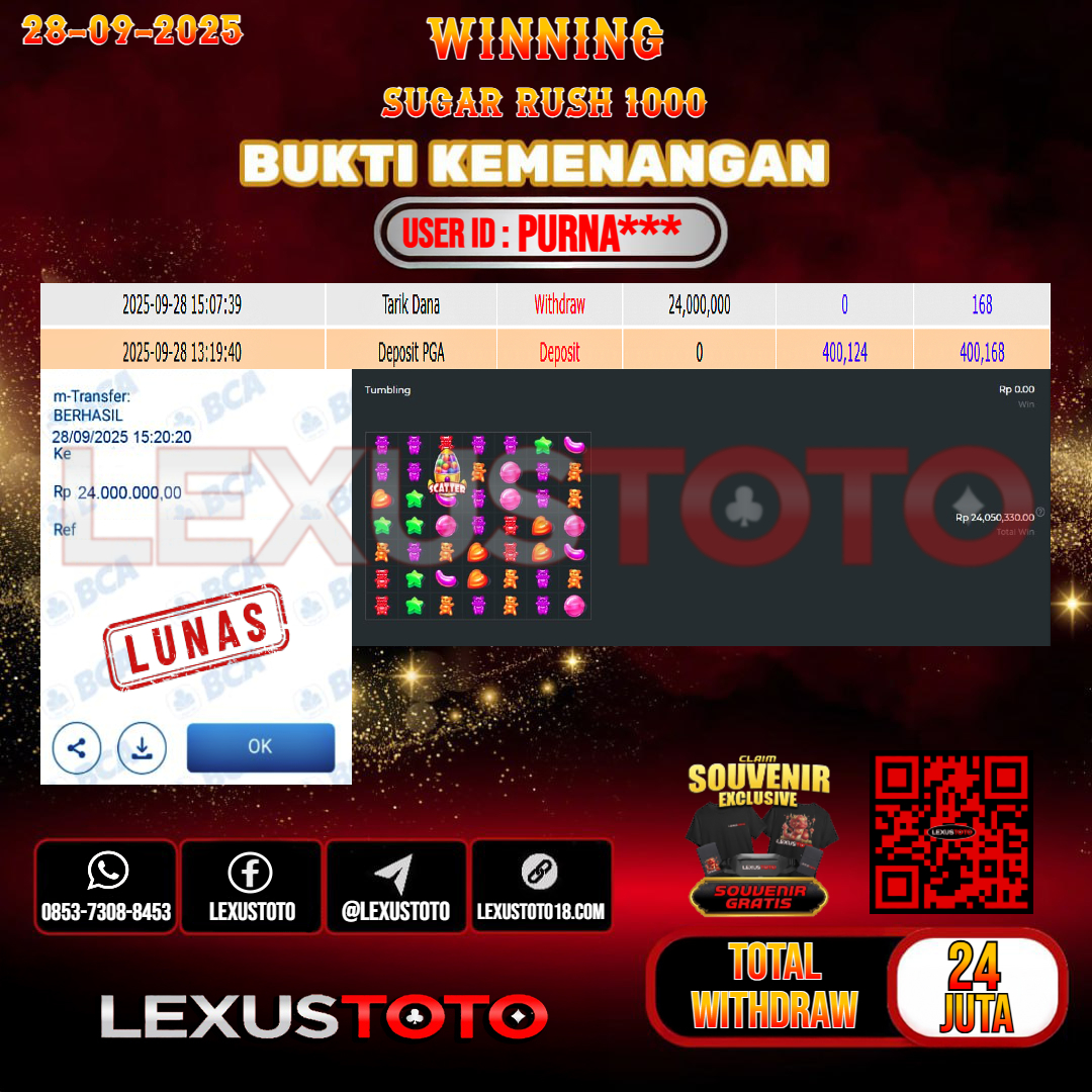 LEXUSTOTO JACKPOT SLOT SUGAR RUSH 1000 Rp.24.000.000,- LUNAS USER ID : PURNA***